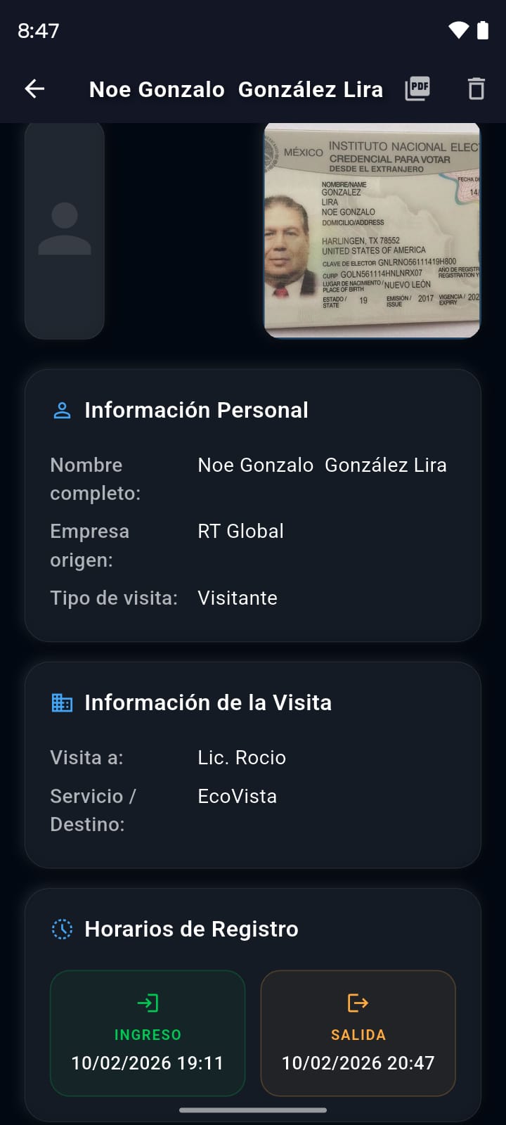 Control de accesos - detalle de registro