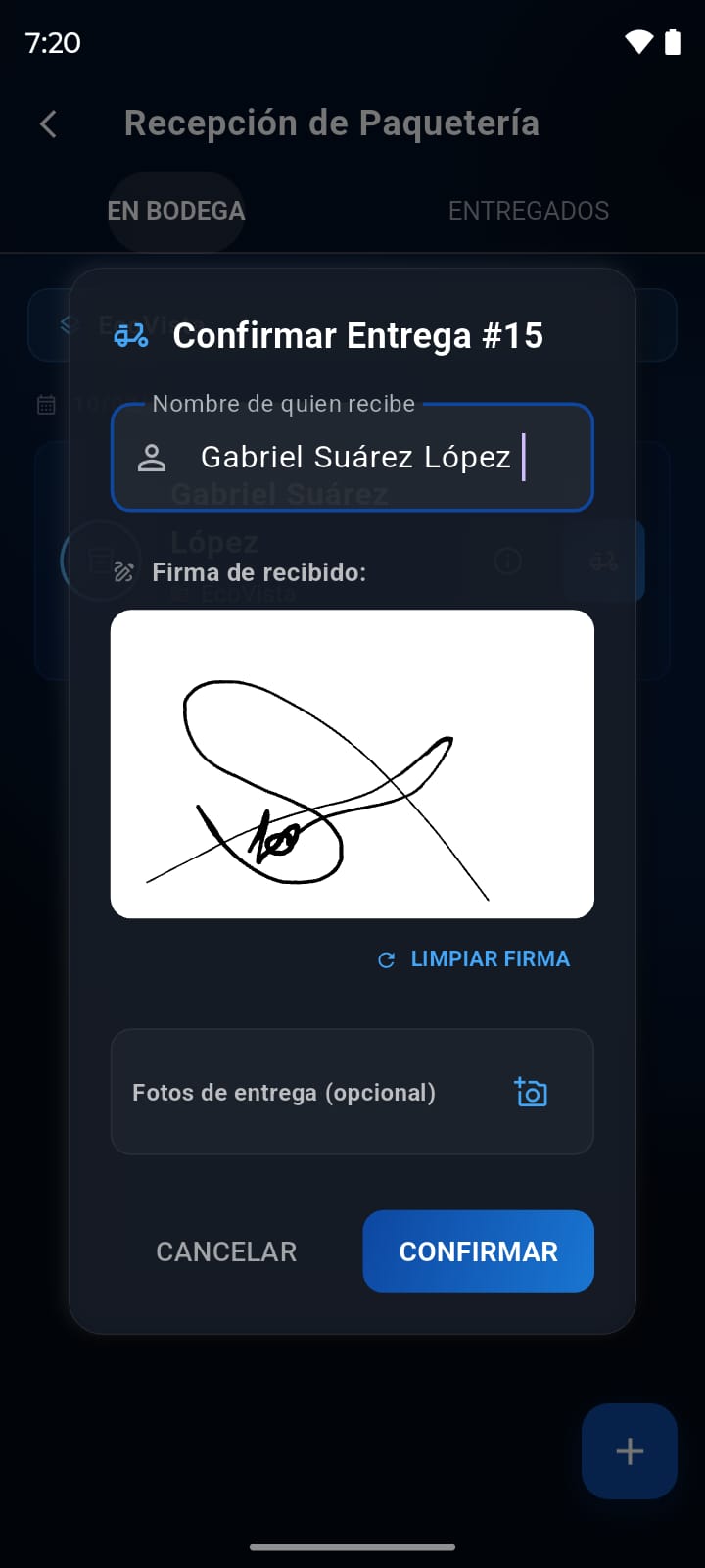 Recepción de paquetería - formulario entrega